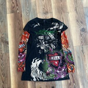 Vintage Y2K Ed Hardy Skull Love Kills Slowly Mesh Tattoo Sleeve Shirt Large
